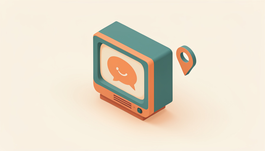 Isometric retro television set on a stand with a simple laughing speech bubble on screen and a small map pin floating beside it, representing a satirical TV season