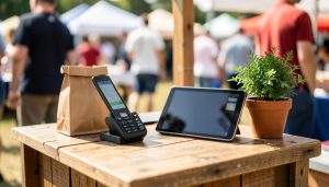 A mobile card reader and a tablet point-of-sale on a wooden pop-up market stall counter
