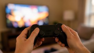 A pair of hands holding a plain game controller in front of a blurred living-room television