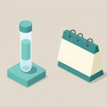 Isometric lab specimen collection tube in a holder beside a blank desk calendar, representing timing a stool test around probiotics and antibiotics