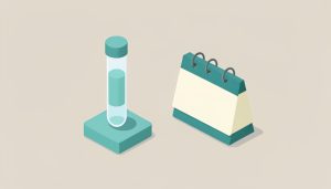 Isometric lab specimen collection tube in a holder beside a blank desk calendar, representing timing a stool test around probiotics and antibiotics