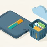 Isometric phone with a nearly full storage bar, a trash bin still holding files, and a cloud with sync arrows, representing storage full even after deleting files
