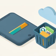 Isometric phone with a nearly full storage bar, a trash bin still holding files, and a cloud with sync arrows, representing storage full even after deleting files