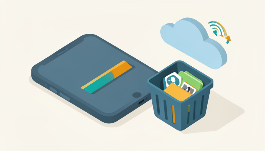 Isometric phone with a nearly full storage bar, a trash bin still holding files, and a cloud with sync arrows, representing storage full even after deleting files