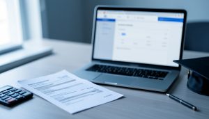 A desk with a student loan billing statement, a calculator, a laptop showing an account dashboard, and a graduation cap
