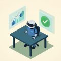 Isometric small robot-analyst figure at a desk with floating financial chart panels and a verified checkmark, representing an AI analyst built for finance teams