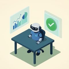 Isometric small robot-analyst figure at a desk with floating financial chart panels and a verified checkmark, representing an AI analyst built for finance teams