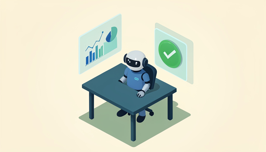 Isometric small robot-analyst figure at a desk with floating financial chart panels and a verified checkmark, representing an AI analyst built for finance teams