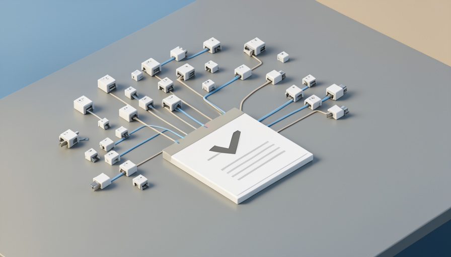 Isometric illustration of data streams converging into a single verified report on a desk