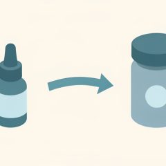 Isometric dropper bottle for topical solution with an arrow pointing to a pill bottle and tablet, representing switching from topical to oral minoxidil