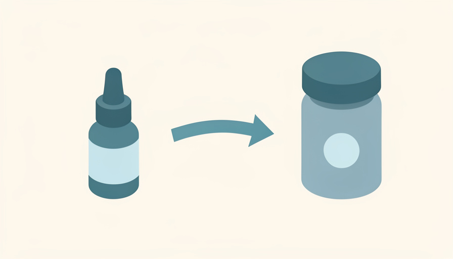 Isometric dropper bottle for topical solution with an arrow pointing to a pill bottle and tablet, representing switching from topical to oral minoxidil