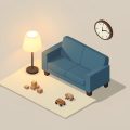 Isometric cozy living room with a couch, a few toys, and a small clock, representing a babysitting evening and changing childcare arrangements