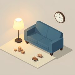 Isometric cozy living room with a couch, a few toys, and a small clock, representing a babysitting evening and changing childcare arrangements