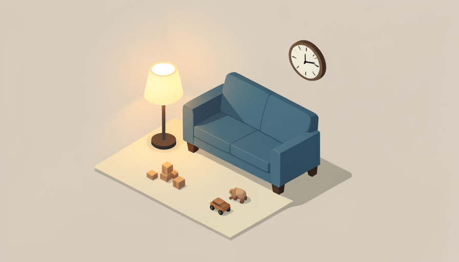 Isometric cozy living room with a couch, a few toys, and a small clock, representing a babysitting evening and changing childcare arrangements