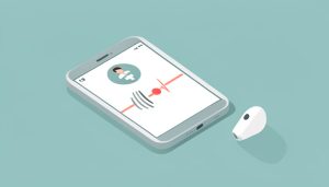 Isometric phone on a video health call with a Bluetooth earbud and a broken sound-wave icon, on telehealth audio cutting out over Bluetooth
