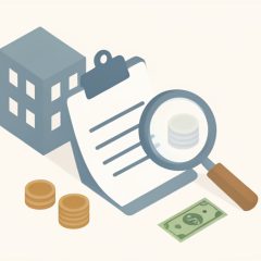 Isometric apartment building, a rental application clipboard, a magnifying glass, and coins, representing tenant screening fee statistics for 2026