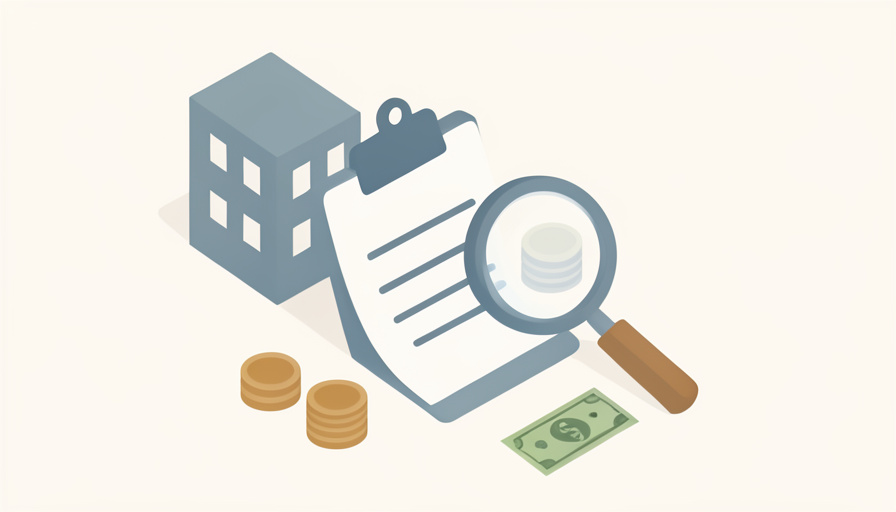 Isometric apartment building, a rental application clipboard, a magnifying glass, and coins, representing tenant screening fee statistics for 2026