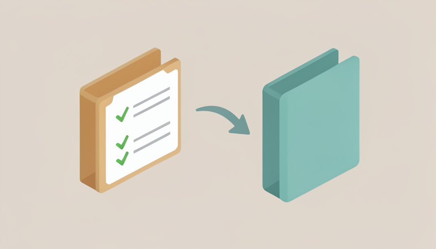 Isometric document folder with a checklist and an arrow pointing to a second folder, representing transferring therapy records to a new therapist