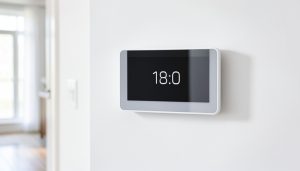 A wall-mounted smart thermostat with a digital display in a home hallway