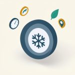 Isometric wall thermostat with a snowflake cooling symbol surrounded by clock, leaf, and location-pin setting icons, representing thermostat settings that stop AC cooling