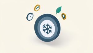 Isometric wall thermostat with a snowflake cooling symbol surrounded by clock, leaf, and location-pin setting icons, representing thermostat settings that stop AC cooling