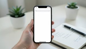 A phone showing a search bar held over a desk with a notebook of caption notes and a plant