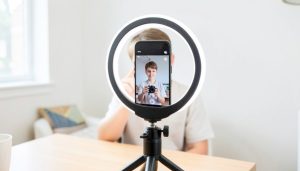 A creator filming a vertical short video on a phone with a ring light in a bright room