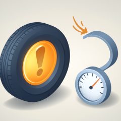 Isometric car tire with a glowing amber warning badge, a tire-pressure gauge, and a motion arrow, on fixing a tire pressure light that stays on after inflating