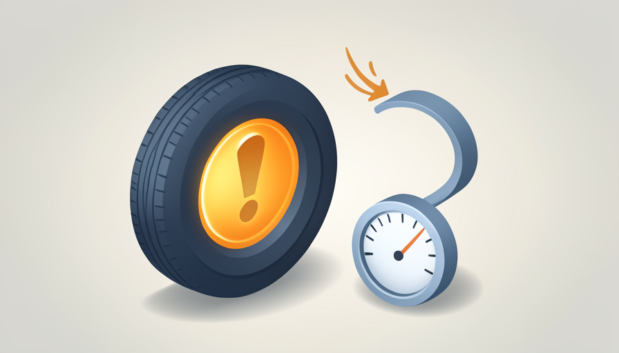 Isometric car tire with a glowing amber warning badge, a tire-pressure gauge, and a motion arrow, on fixing a tire pressure light that stays on after inflating