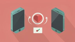 Isometric iPhone and Android phone with a health-heart icon and a transfer arrow, and a medication-list note with a checkmark, on transfer Apple Health to Android