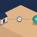 Isometric house linked by a dotted line to a bond-yield node with a small percent gauge above the connection