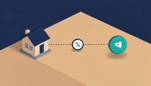 Isometric house linked by a dotted line to a bond-yield node with a small percent gauge above the connection