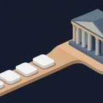 Isometric classical government building with bond certificate tiles flowing back toward it along a smooth channel