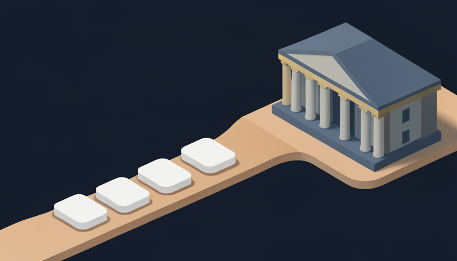 Isometric classical government building with bond certificate tiles flowing back toward it along a smooth channel
