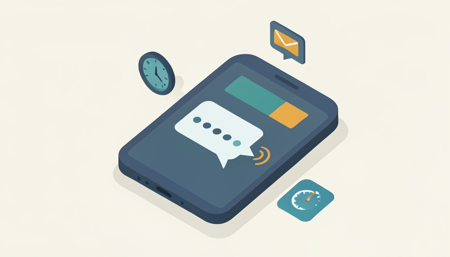Isometric phone showing a message bubble with a hidden code, a clock, an envelope, and an app tile, representing reasons a two-factor code is not received