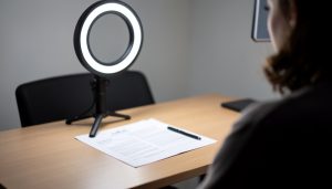 A content creator's desk with a ring light and a printed contract with a pen