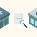 Isometric urgent care building with a medical cross and a retail pharmacy clinic with a mortar-and-pestle symbol, a medical bill under a magnifier between them
