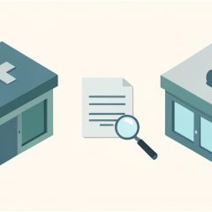 Isometric urgent care building with a medical cross and a retail pharmacy clinic with a mortar-and-pestle symbol, a medical bill under a magnifier between them