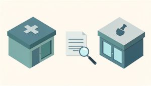 Isometric urgent care building with a medical cross and a retail pharmacy clinic with a mortar-and-pestle symbol, a medical bill under a magnifier between them