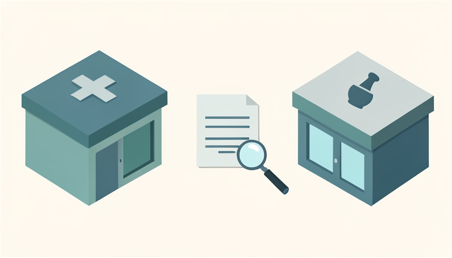 Isometric urgent care building with a medical cross and a retail pharmacy clinic with a mortar-and-pestle symbol, a medical bill under a magnifier between them