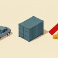 Isometric car on a dealership lot beside a shipping container and an upward price-tag arrow, representing auto tariffs raising vehicle costs