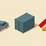 Isometric car on a dealership lot beside a shipping container and an upward price-tag arrow, representing auto tariffs raising vehicle costs