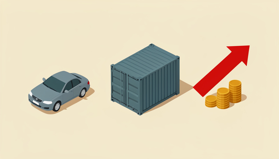 Isometric car on a dealership lot beside a shipping container and an upward price-tag arrow, representing auto tariffs raising vehicle costs