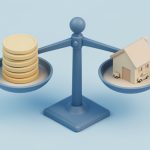 Balanced scale weighing a stack of coins against a small house and car icon