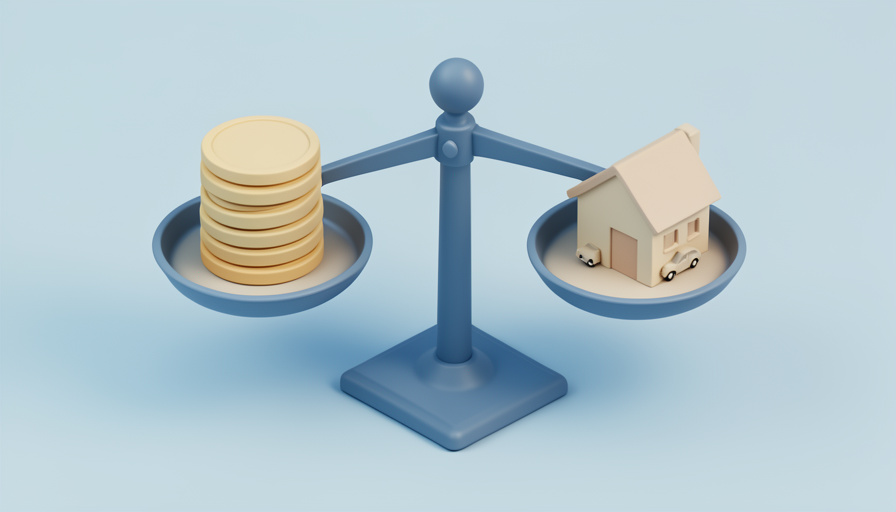 Balanced scale weighing a stack of coins against a small house and car icon