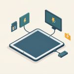 Isometric iPad connected to a USB-C hub with icons for an external monitor, SD card, and power, representing USB-C hub specs to check for iPad Pro