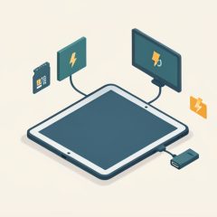 Isometric iPad connected to a USB-C hub with icons for an external monitor, SD card, and power, representing USB-C hub specs to check for iPad Pro