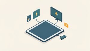 Isometric iPad connected to a USB-C hub with icons for an external monitor, SD card, and power, representing USB-C hub specs to check for iPad Pro