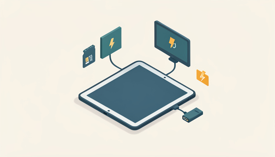 Isometric iPad connected to a USB-C hub with icons for an external monitor, SD card, and power, representing USB-C hub specs to check for iPad Pro