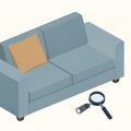 Isometric secondhand couch with a magnifying glass and a flashlight, representing a quick bedbug inspection before buying a used sofa